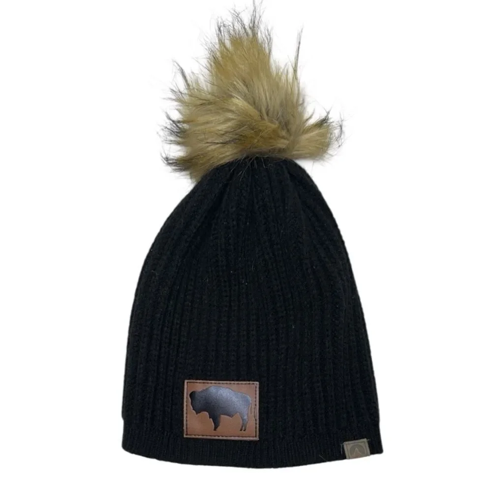 Buffalo Black Knit Pom-Pom Beanie with Brown Patch. One size.